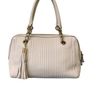Calvin Klein Quilted Cream Leather Satchel with Tassel and Gold Chain Handles